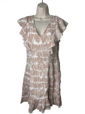 Fate Beige and White Ruffle V-Neck Mini Dress